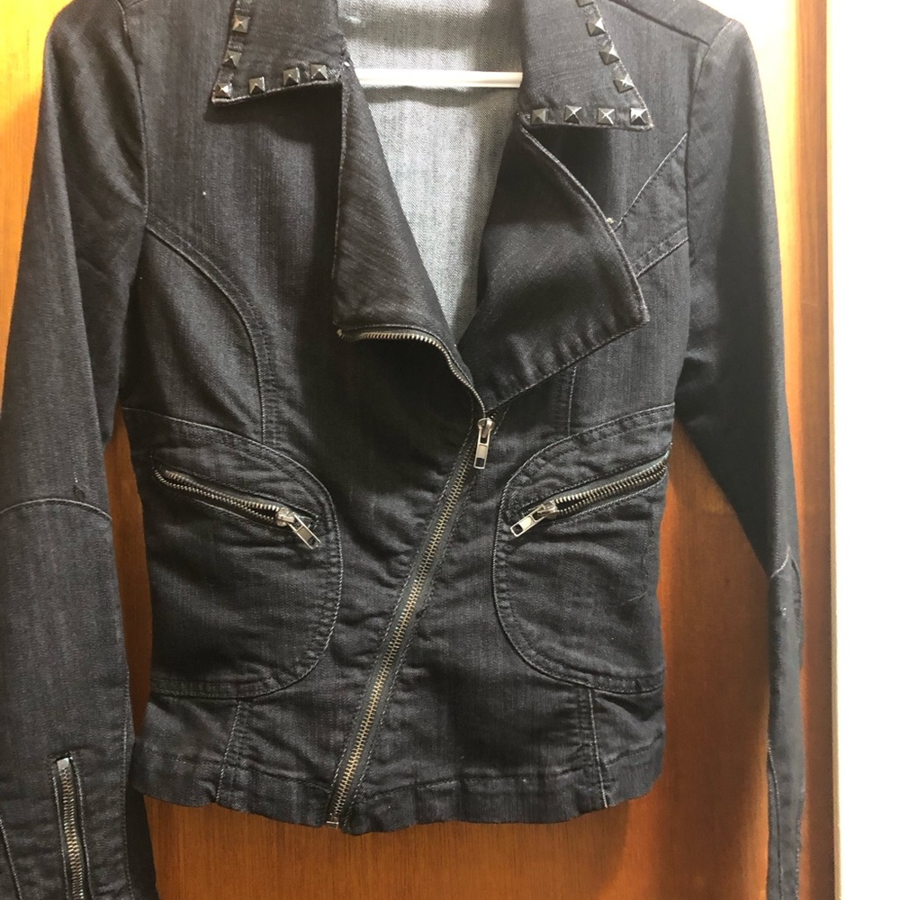 Black denim asymmetrical moto style jacket